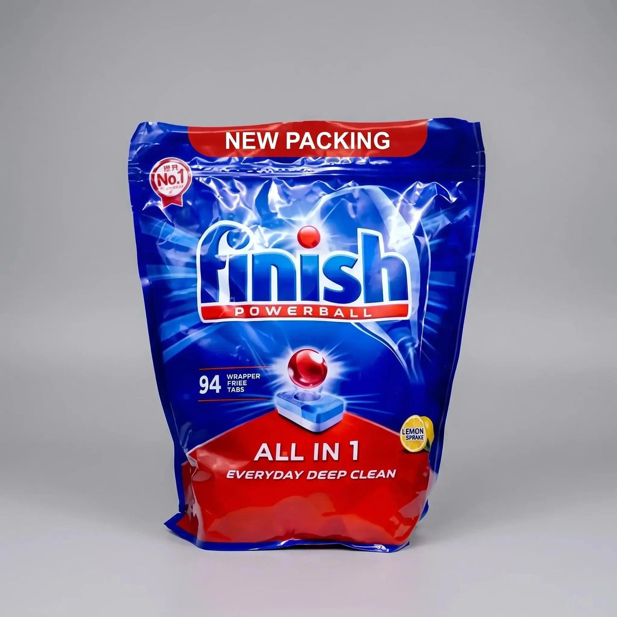 Finish Powerball All in 1 dishwasher tablets packaging with 94 wrapper-free tabs