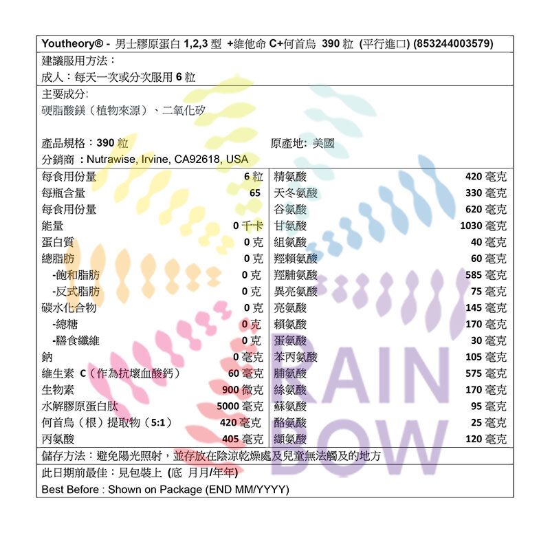Youtheory - 男士膠原蛋白1,2,3型 +維他命C+何首烏 390粒 (平行進口) (03579)到期日:28年2月