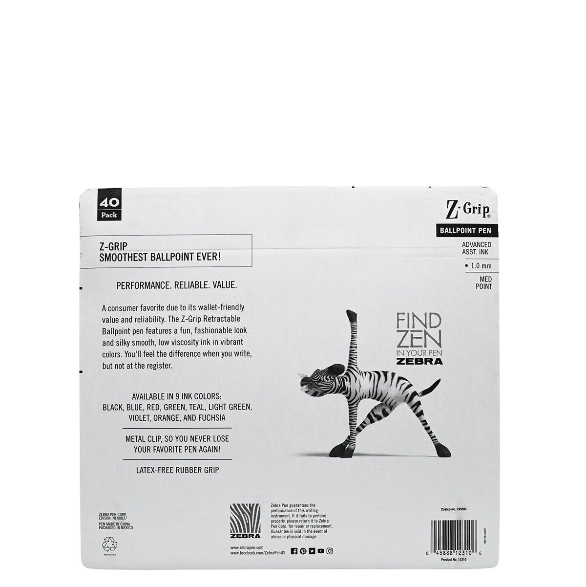 Zebra 斑馬牌 - ZEBRA 伸縮圓珠原子筆 Z-Grip 40支1.0mm -（什錦時尚顏色）(平行進口) (23106)