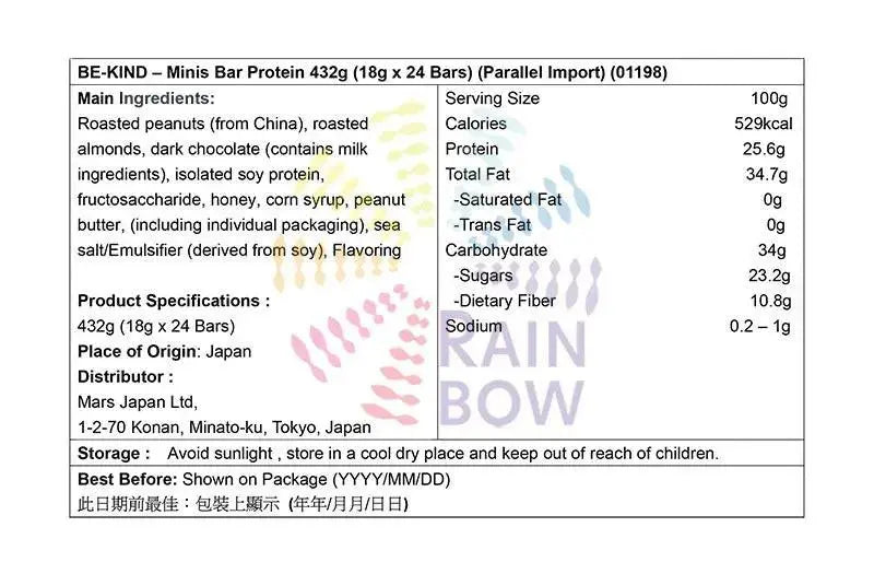 Nutrition facts label for BE-KIND Minis Bar Protein 432g showing ingredients and calories.