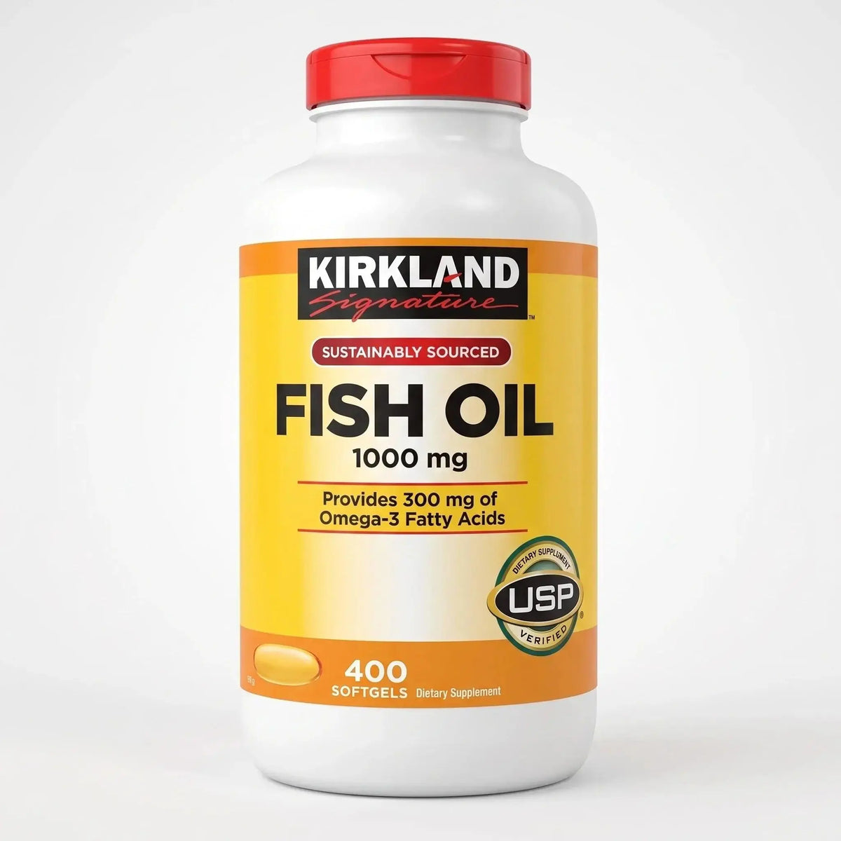 Kirkland Signature Fish Oil 1000mg dietary supplement bottle with 400 softgels
