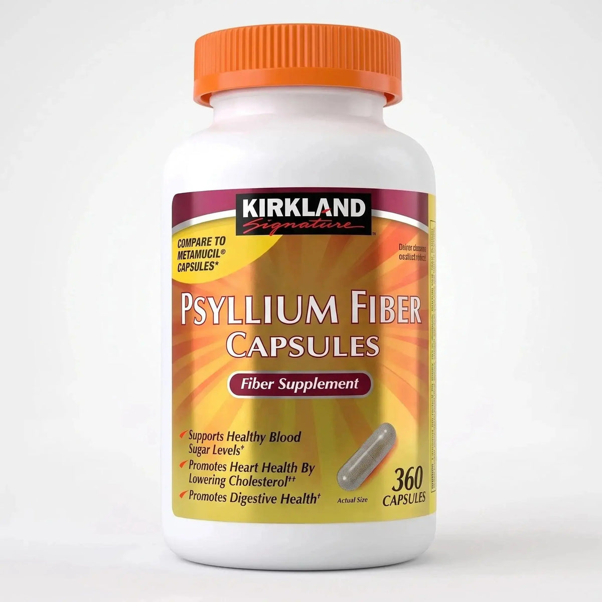 Kirkland Signature Psyllium Fiber Capsules dietary supplement bottle, 360 capsules