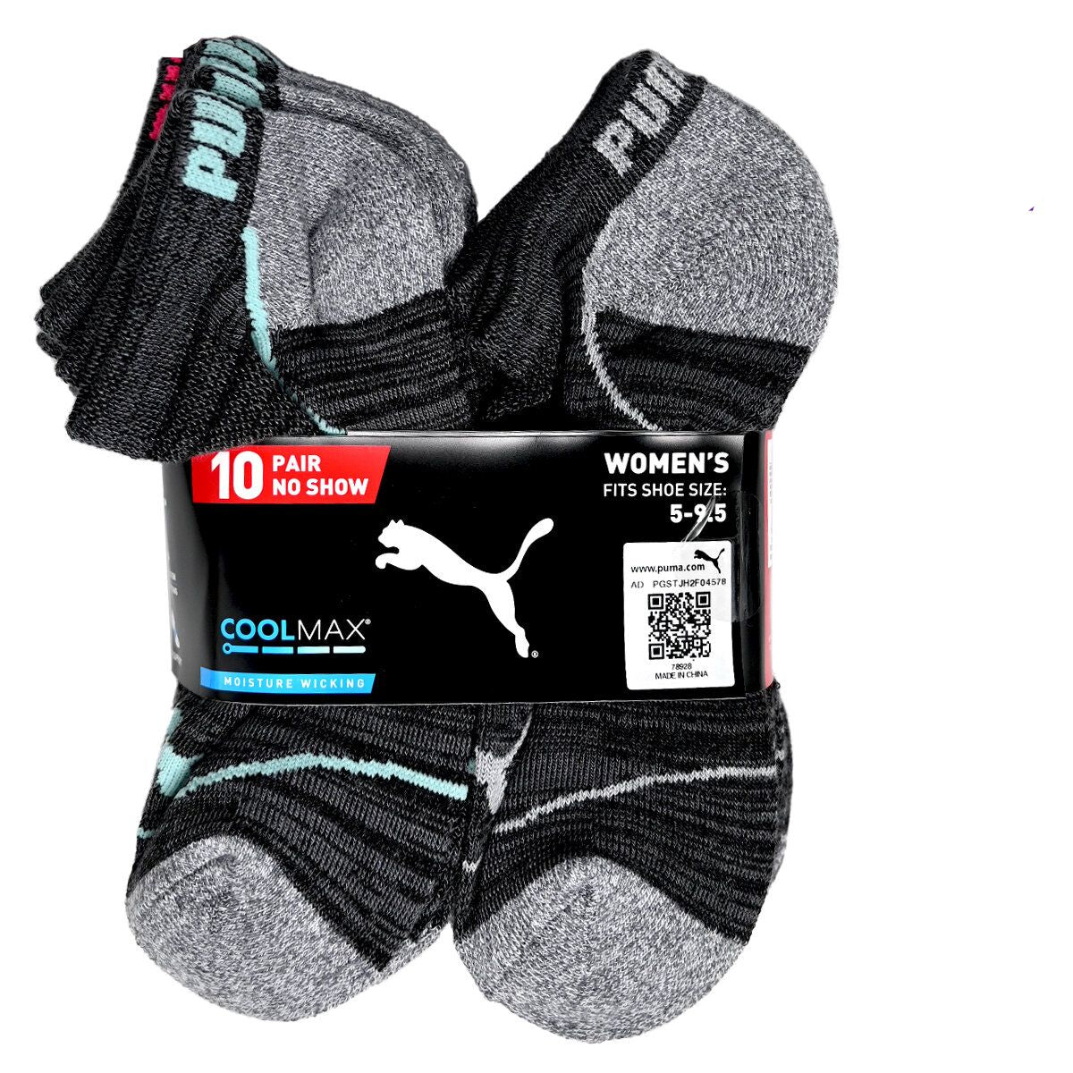 PUMA - 女子 CoolMax 吸濕排汗襪 短筒襪 10對裝 (23.5cm - 27.1cm)(灰綠/灰粉紅/灰)[超值裝] (平行進口) (68925)