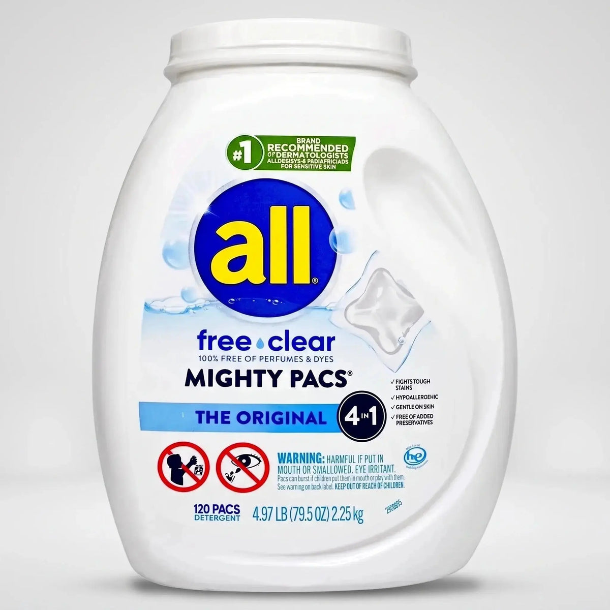 All Mighty Pacs Free Clear 4-in-1 laundry detergent pods for sensitive skin, 120 count.