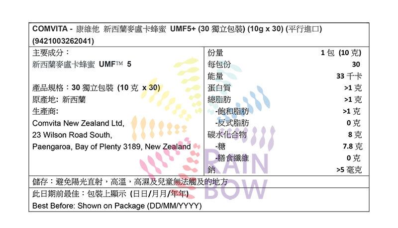 康維他 - 新西蘭麥盧卡蜂蜜 UMF5+ (30獨立包裝) (10g x 30)BBF:2028年4月1日 (平行進口) (62041)