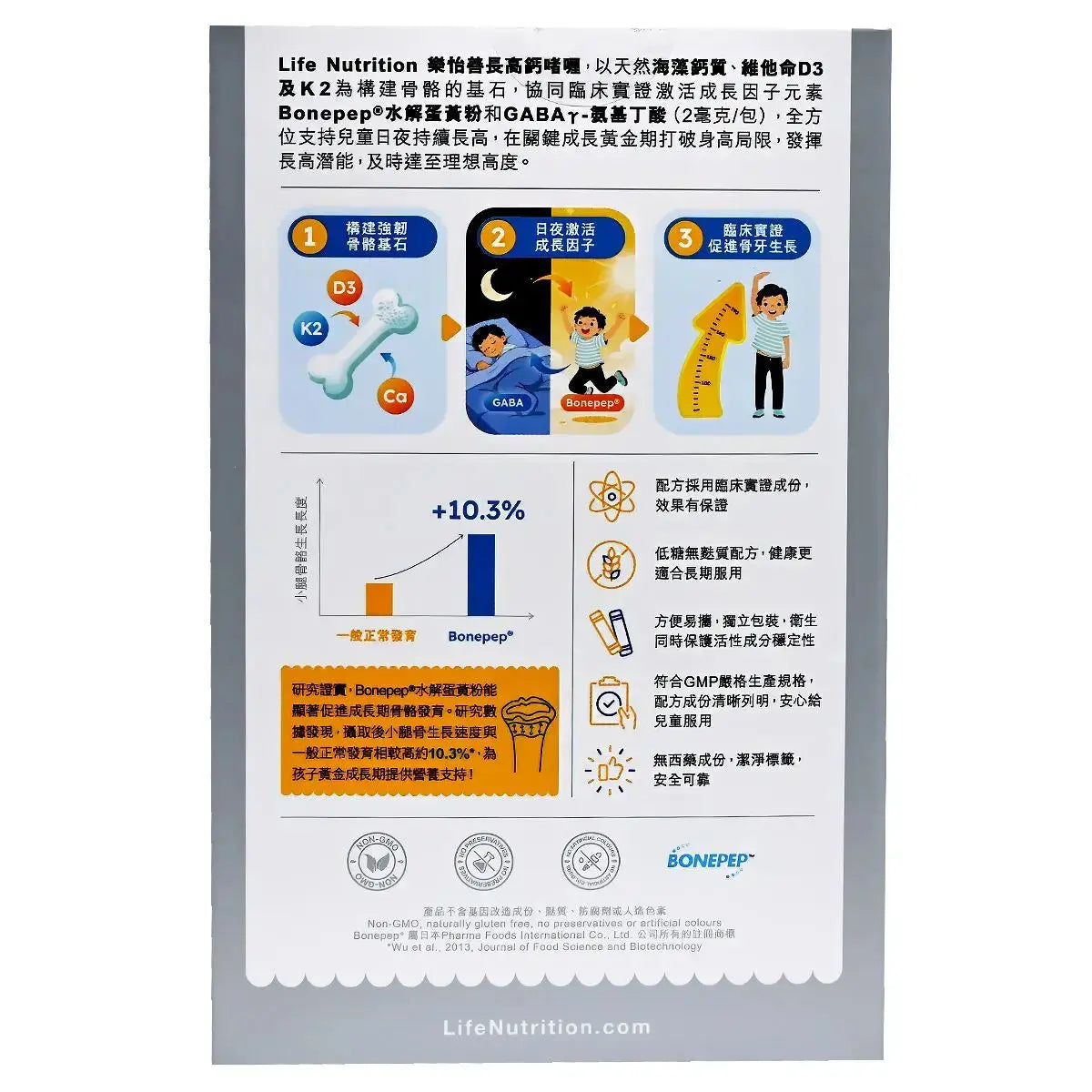 BB20 特賣場 - BB20 OUTLET 樂怡善長高鈣啫喱產品包裝背面，展示成分功效、臨床數據及成長配方圖解