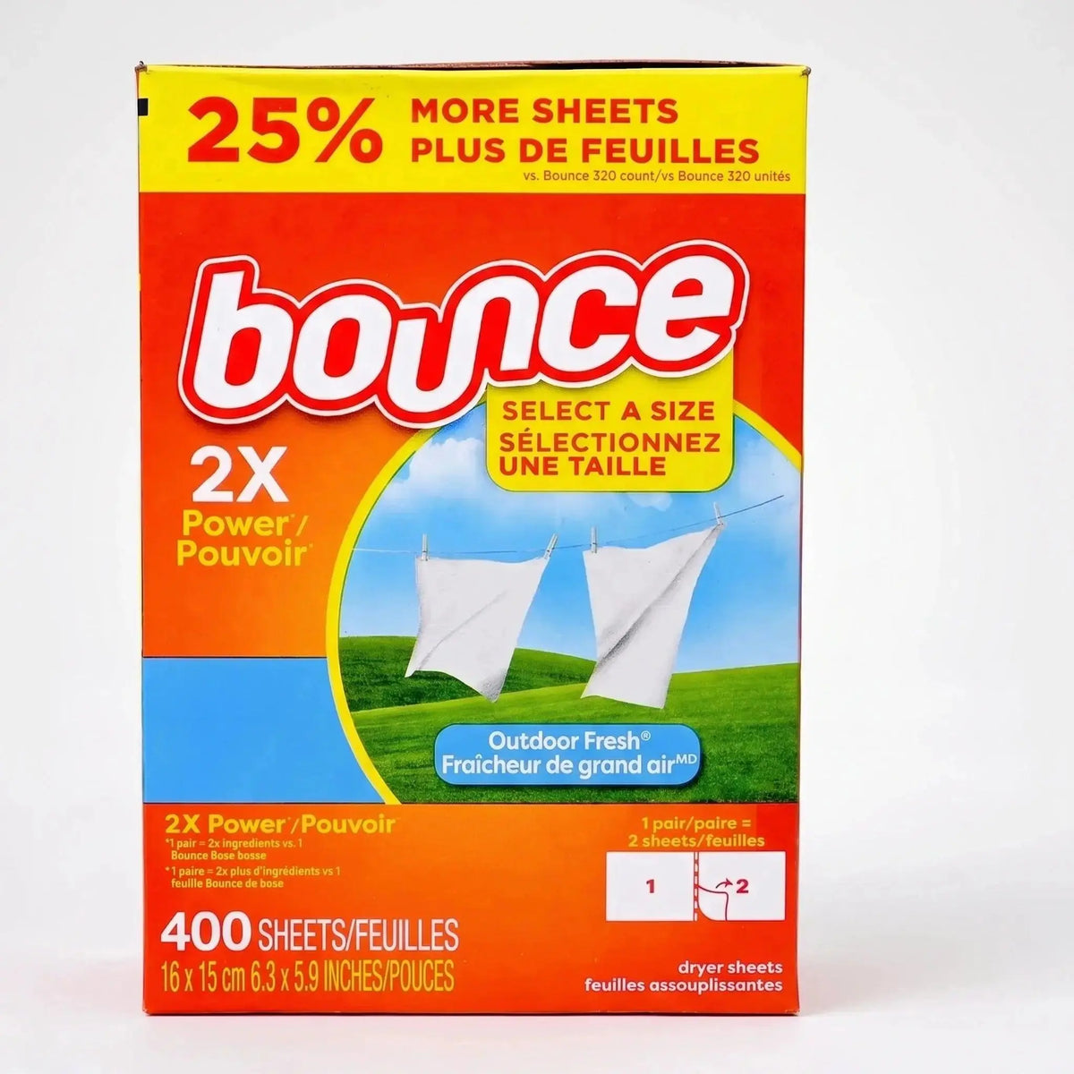 Bounce 2X Power Outdoor Fresh dryer sheets box with 400 sheets