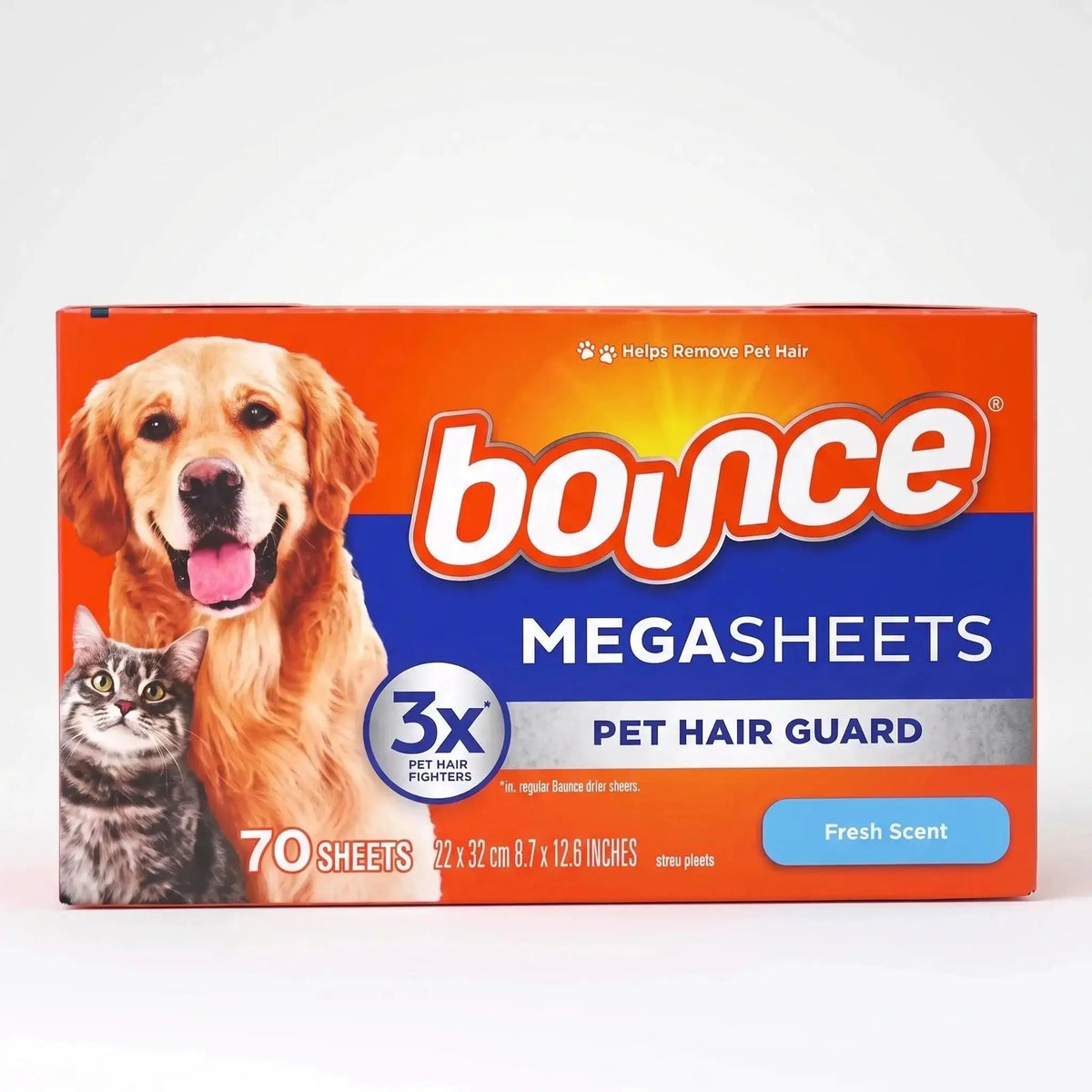 Bounce Megasheets Pet Hair Guard dryer sheets with 70 sheets in fresh scent.