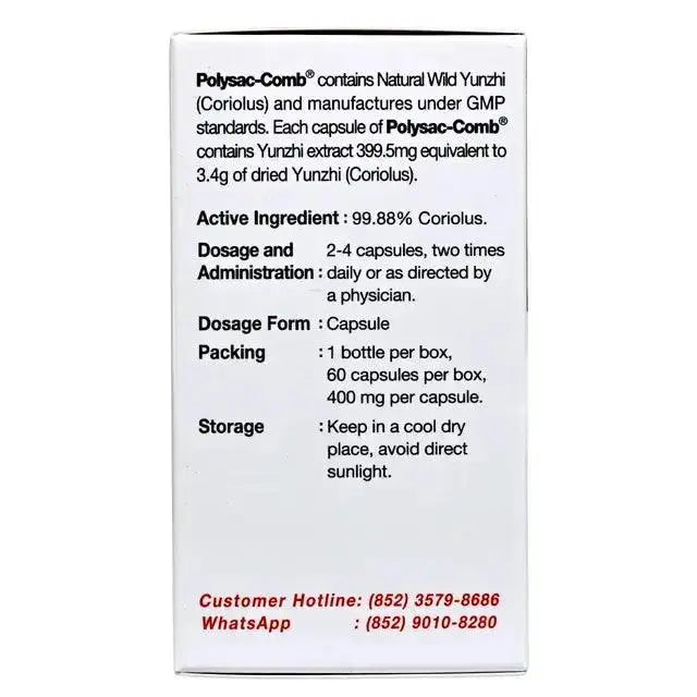 Polysac-Comb supplement box showing dosage, ingredients, and storage instructions.
